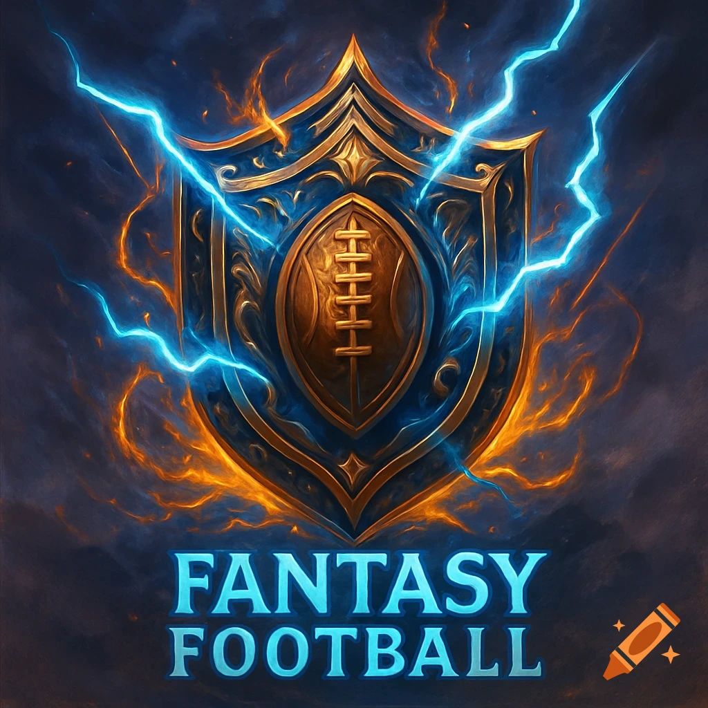 A vibrant fantasy football logo shield with a football, surrounded by electric blue lightning and orange flames.