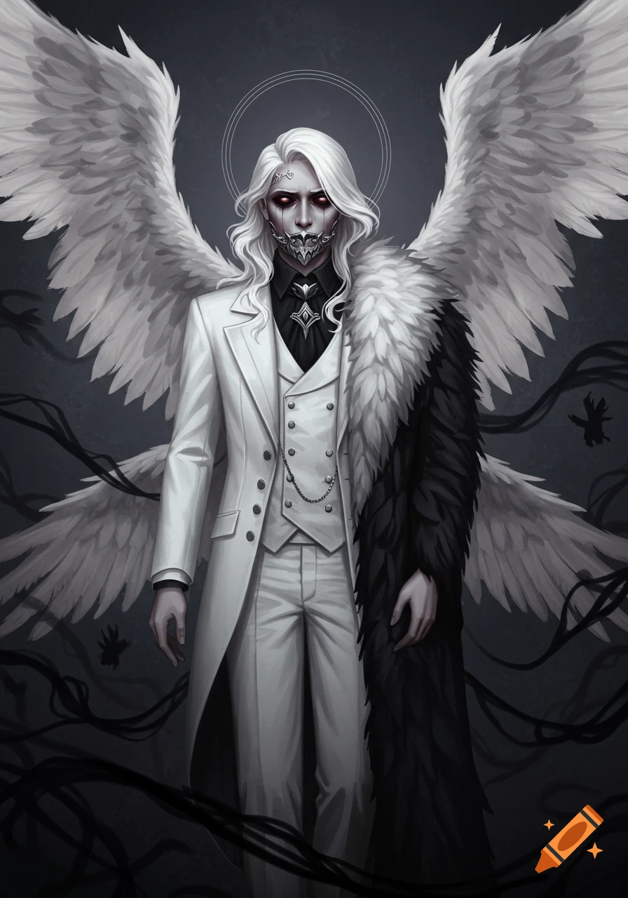 A white-haired angelic figure with large white wings, a silver mouth mask, and void-like eyes wears a white suit and black fur cloak.