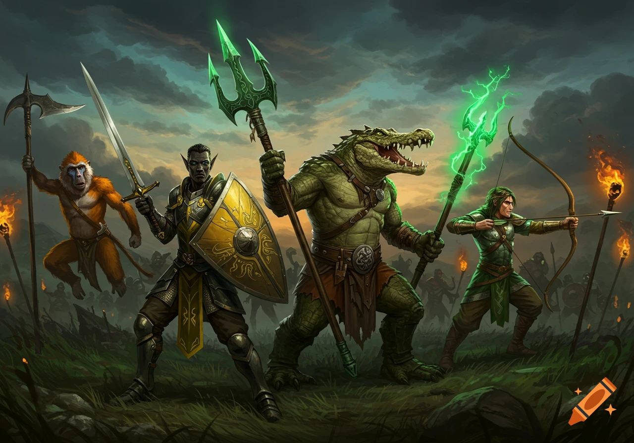 A group of fantasy warriors: an elf knight, crocodile barbarian, human archer, and baboon, stand ready for battle with weapons.