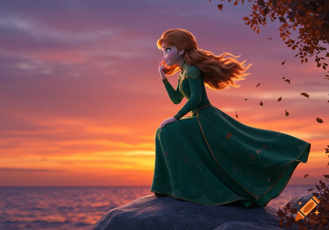 Princess Anna from Frozen sits on a rock overlooking a vibrant sunset over the ocean, in 3D digital art.