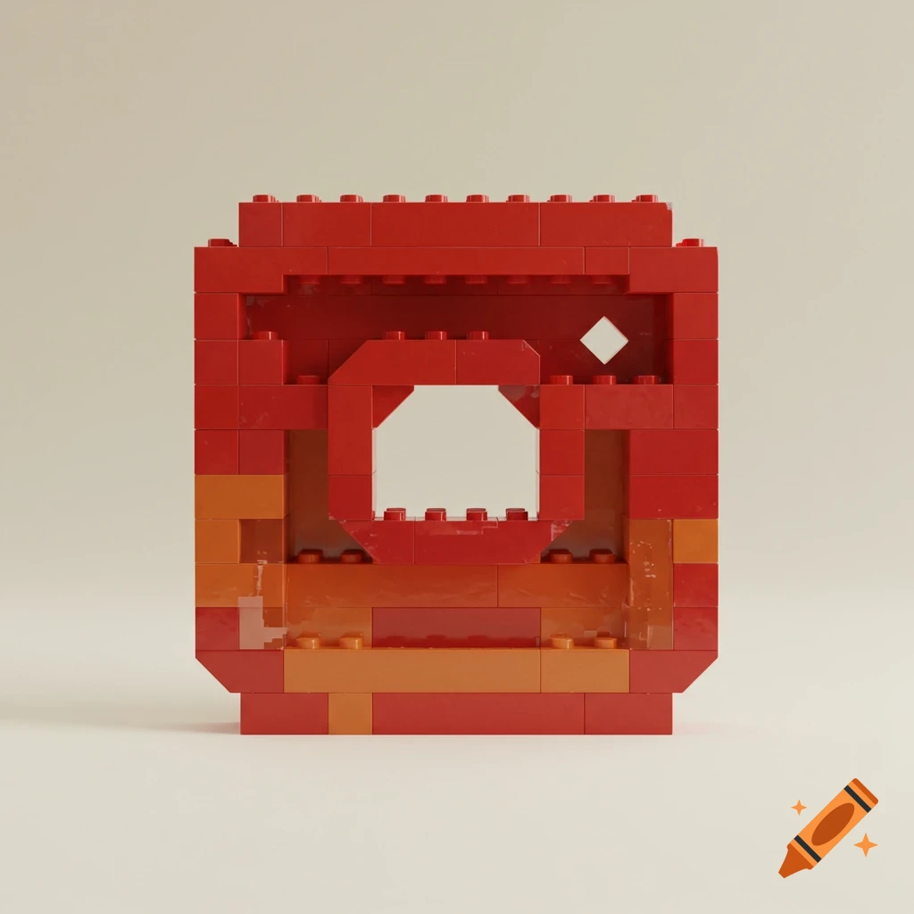 A red and orange Lego brick construction of the Instagram logo on a light beige background.