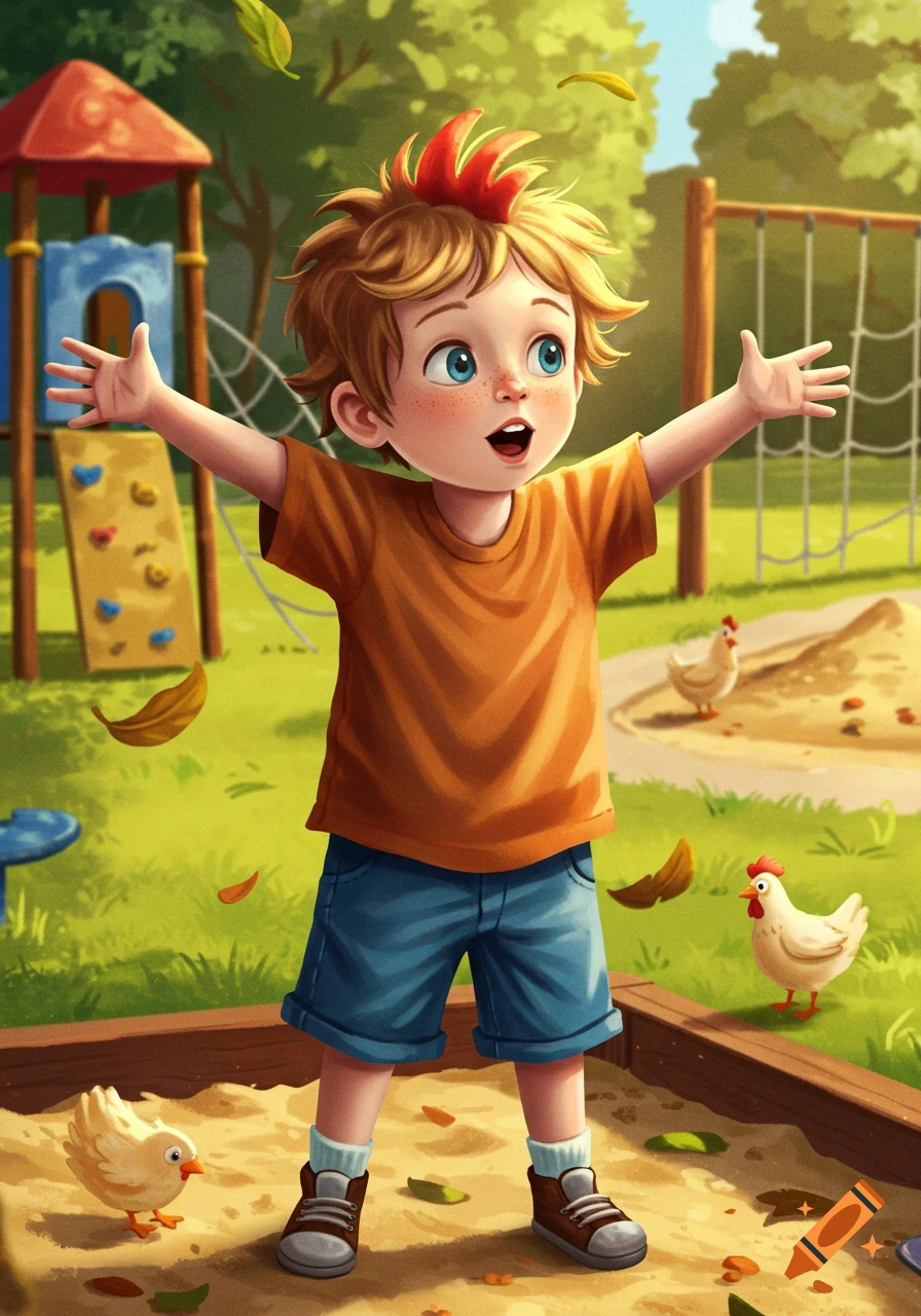 A cartoon boy with spiky red hair stands with outstretched arms in a sandbox, with chickens and playground equipment in the background.