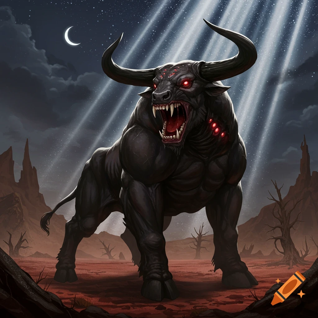 A snarling black bull-like monster with red eyes and glowing red spots stands on a desolate red landscape under a starry night sky.