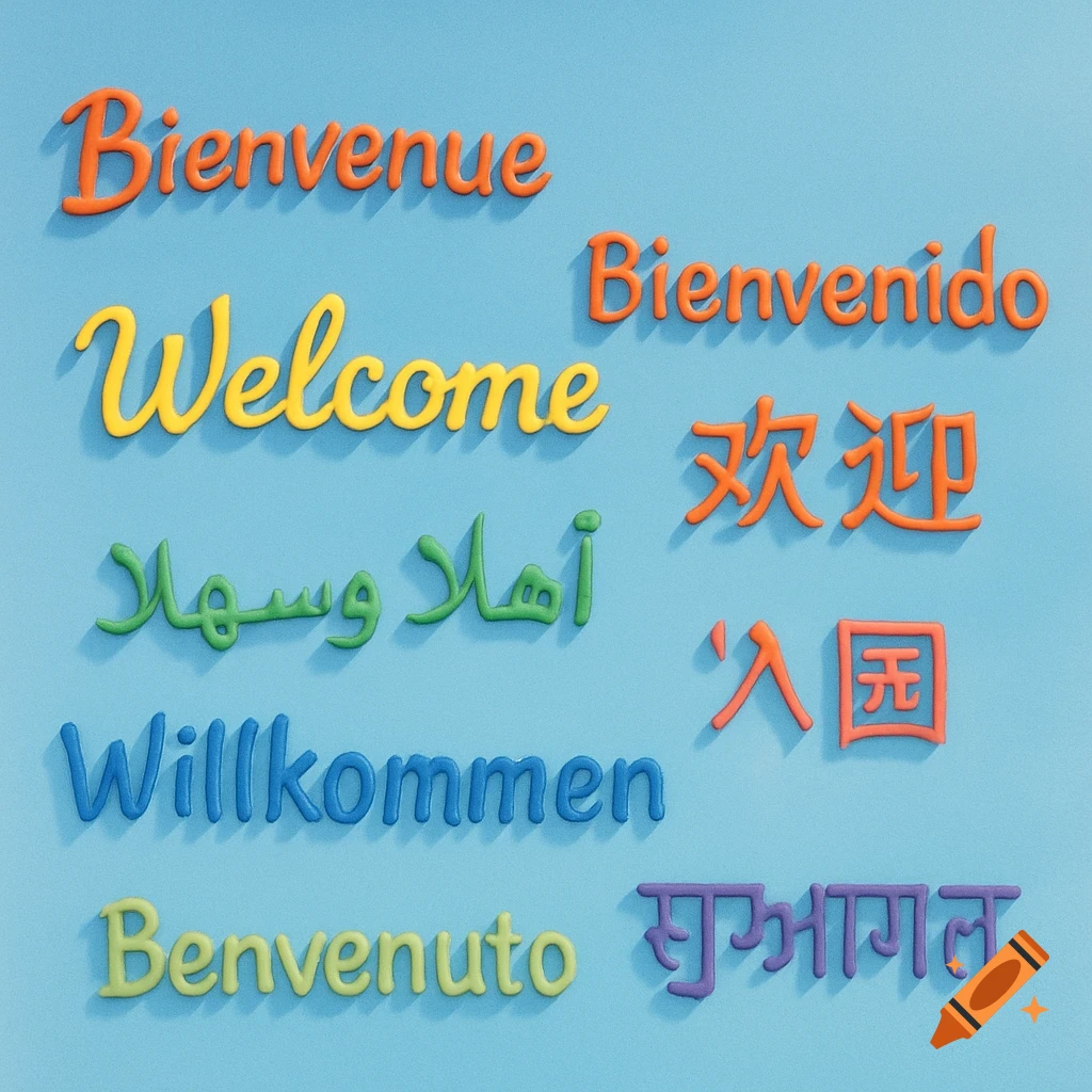 Colorful 3D letters spelling 'Welcome' in English, French, Spanish, German, Italian, Mandarin, Arabic, and Punjabi on a light blue background.