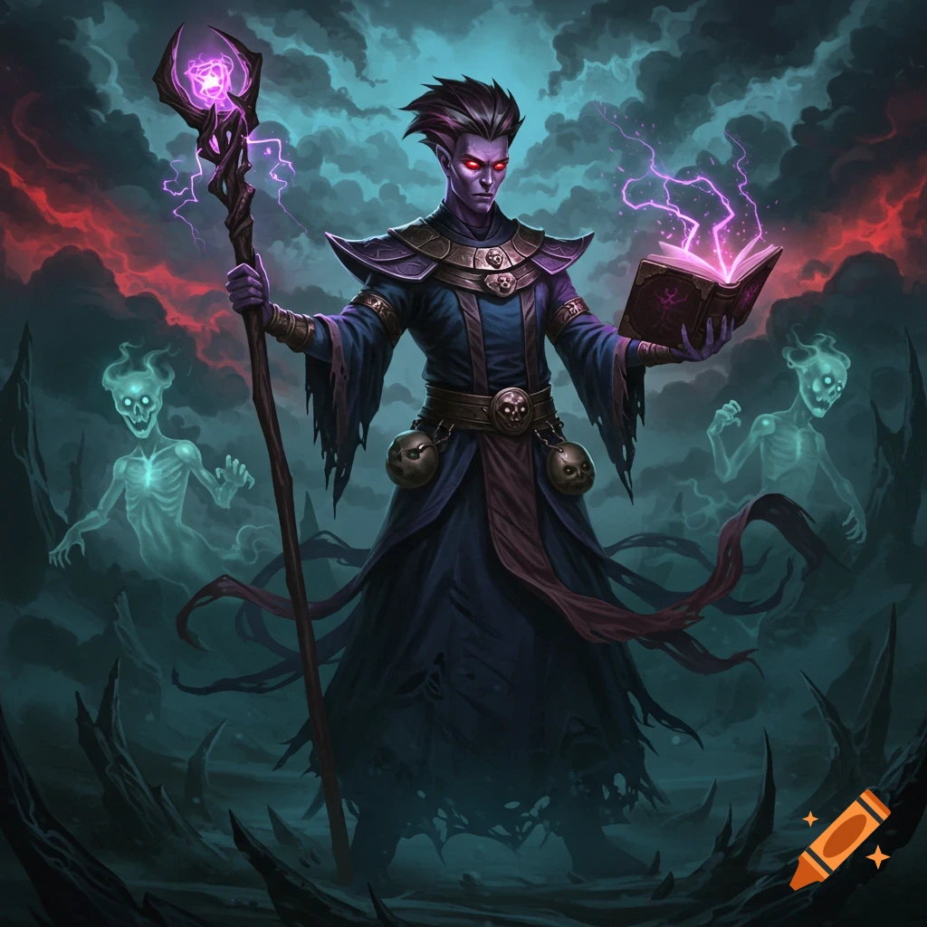 An evil wizard with glowing red eyes holding a magical staff and a spellbook, surrounded by ghostly figures in a dark fantasy setting.