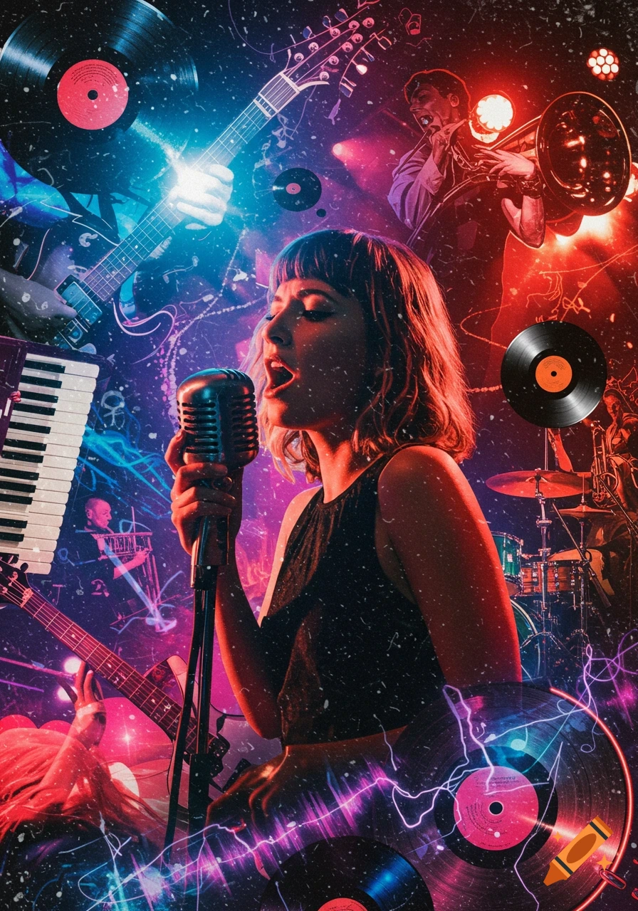 Vibrant collage poster of a female singer at a microphone, surrounded by musicians, instruments, and neon lights with floating vinyl records.