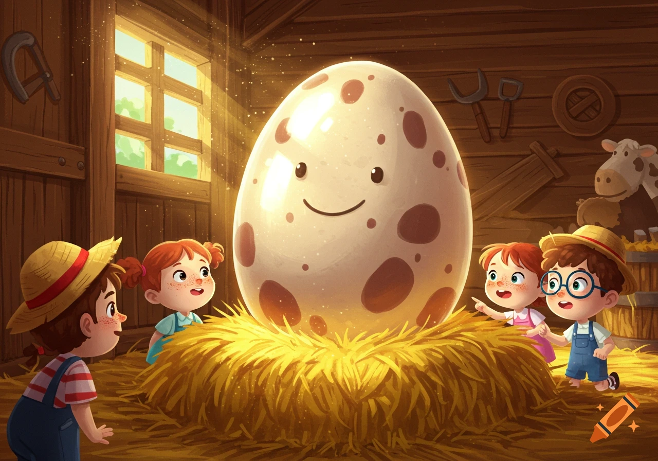 Cartoon children gaze in wonder at a giant, smiling speckled egg nestled in a haystack inside a rustic wooden barn.