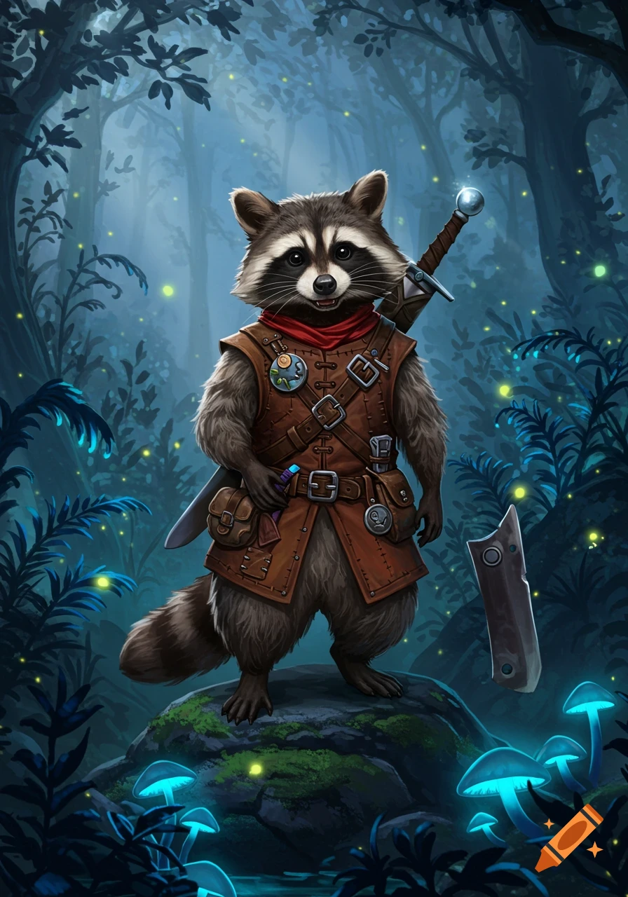 A brave raccoon adventurer stands in a magical, glowing fantasy forest with a sword on its back and glowing blue mushrooms.