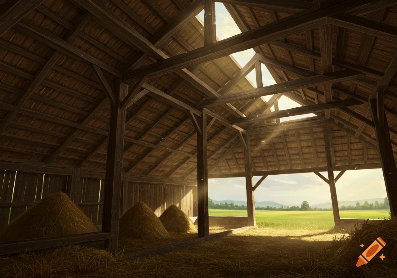 Photorealistic interior view of a barn with wooden beams, hay piles, and sunbeams, looking out to a bright green field.
