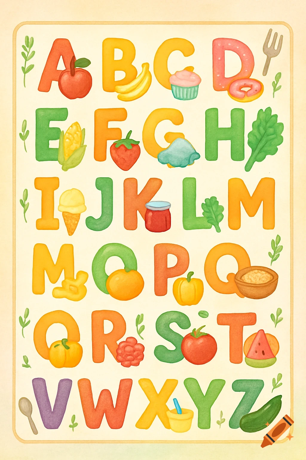 A colorful alphabet chart with letters A-Z, each illustrated with a corresponding food item in a cute, watercolor style.