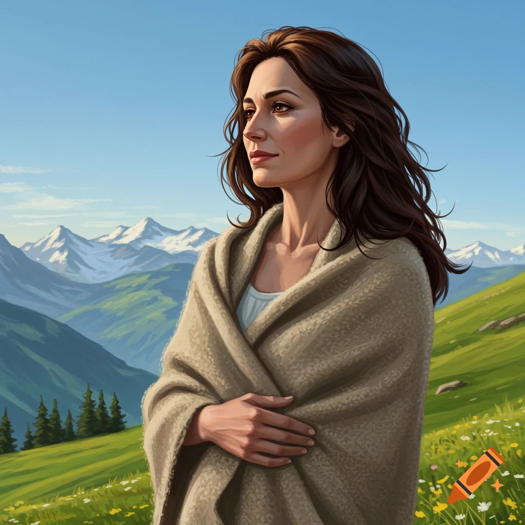 A woman with long brown hair, wrapped in a blanket, gazes across a mountainous green landscape under a clear blue sky. Photorealistic style.