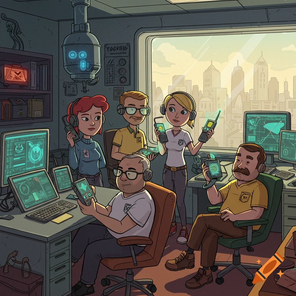 Cartoon staff in an office, using mission-impossible style communication devices, with a city skyline outside.