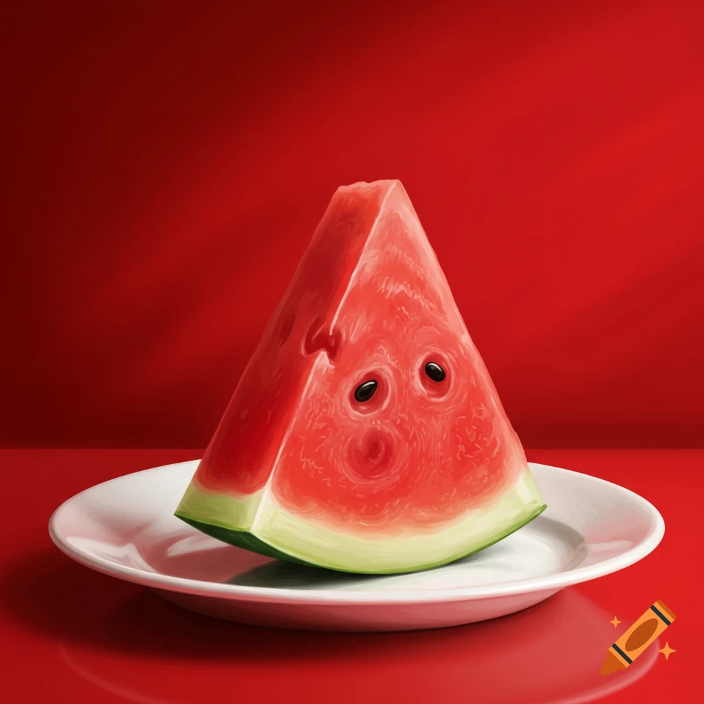 A whimsical watermelon slice with cartoon eyes and a mouth sits on a white plate against a vibrant red background.