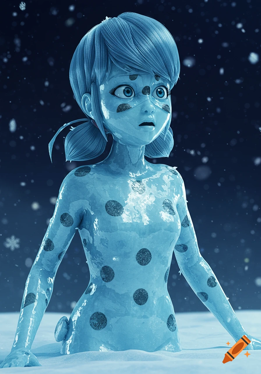 A 3D render of Ladybug from Miraculous Ladybug, transformed into a blue ice statue with dark polka dots, standing in snow. The background is dark and snowy.