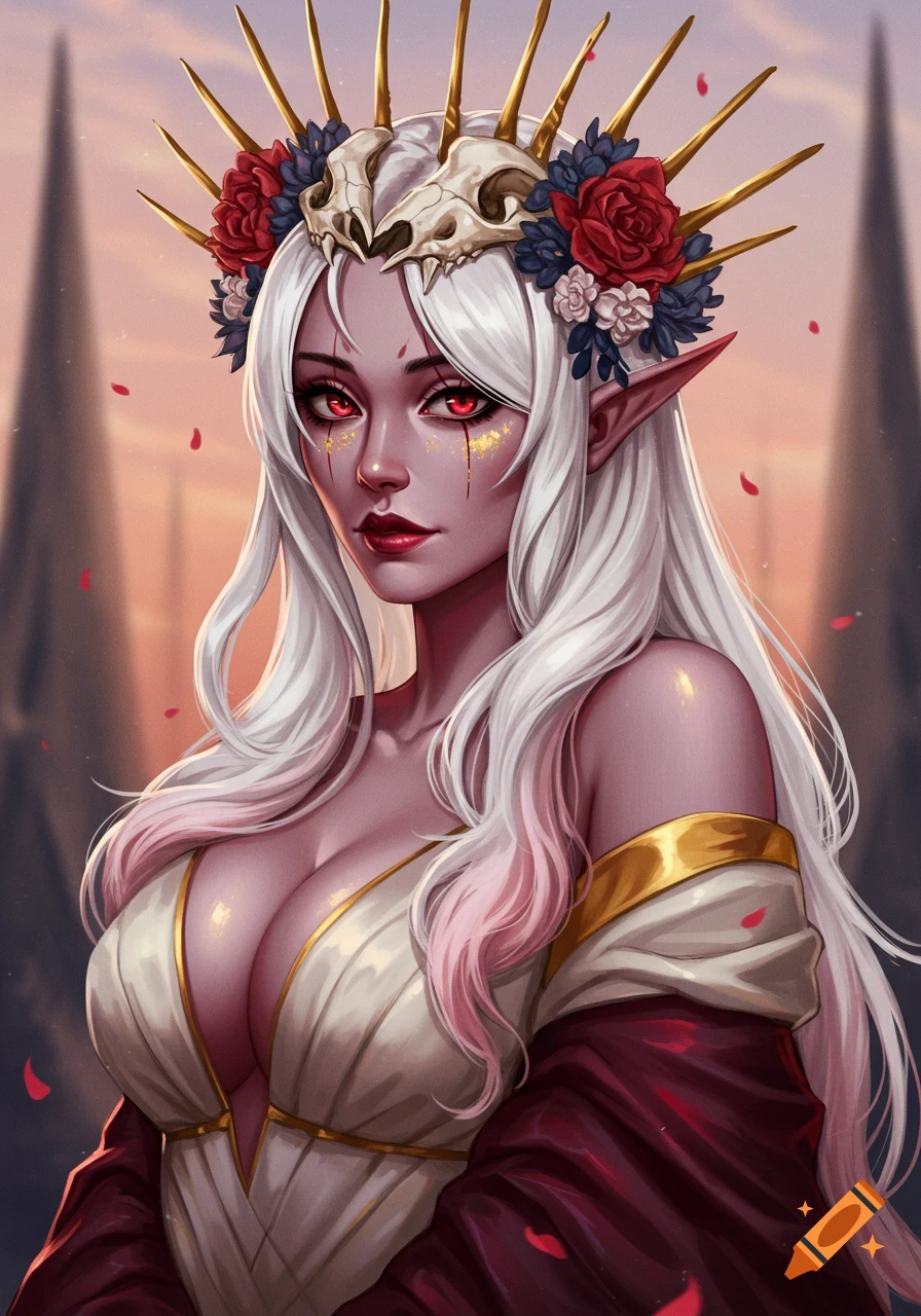 A fantasy portrait of an elf-like woman with pale skin, white hair, and red eyes, wearing a skull and flower crown and a white and red gown.