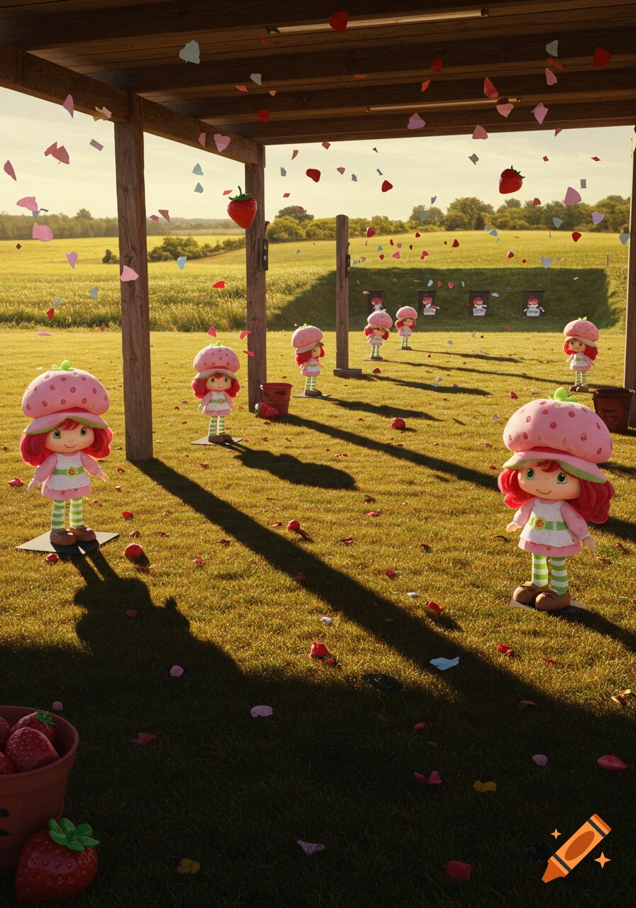 Strawberry Shortcake dolls stand as targets on a grassy outdoor shooting range with scattered confetti.