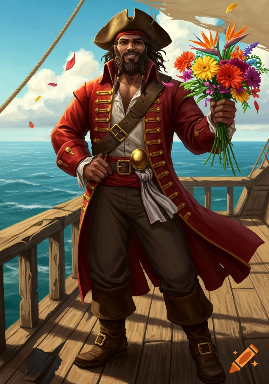 An illustrated male pirate with a beard and red coat stands on a ship deck, holding a vibrant bouquet of flowers.