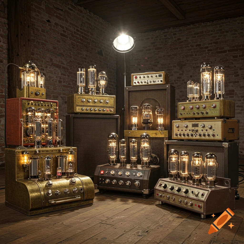 A collection of illuminated vintage vacuum tube amplifiers and speakers arranged in a rustic room with brick walls and wooden floors, lit by a bright spotlight.