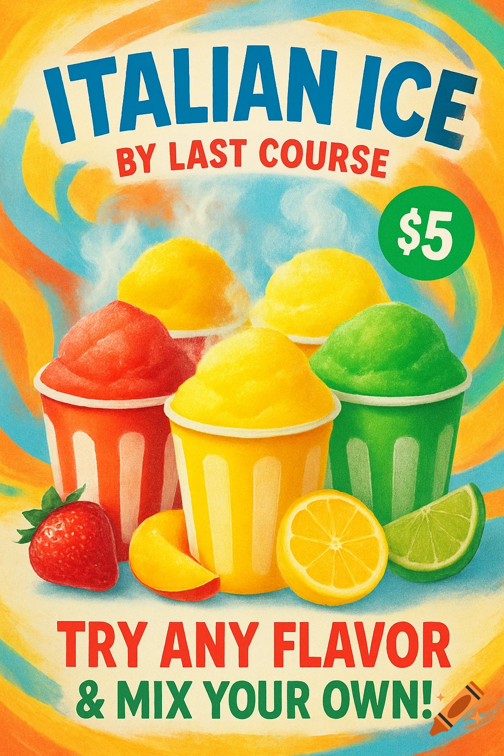 A colorful retro-style flyer advertising Italian Ice. It features five cups of vibrantly colored Italian ice in red, yellow, and green, along with a strawberry, lemon slice, and lime wedge. Text reads: "ITALIAN ICE BY LAST COURSE $5 TRY ANY FLAVOR & MIX YOUR OWN!"