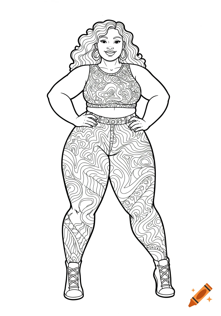 Black and white line art coloring page of a smiling, confident plus-size woman in a patterned crop top and leggings, hands on hips.