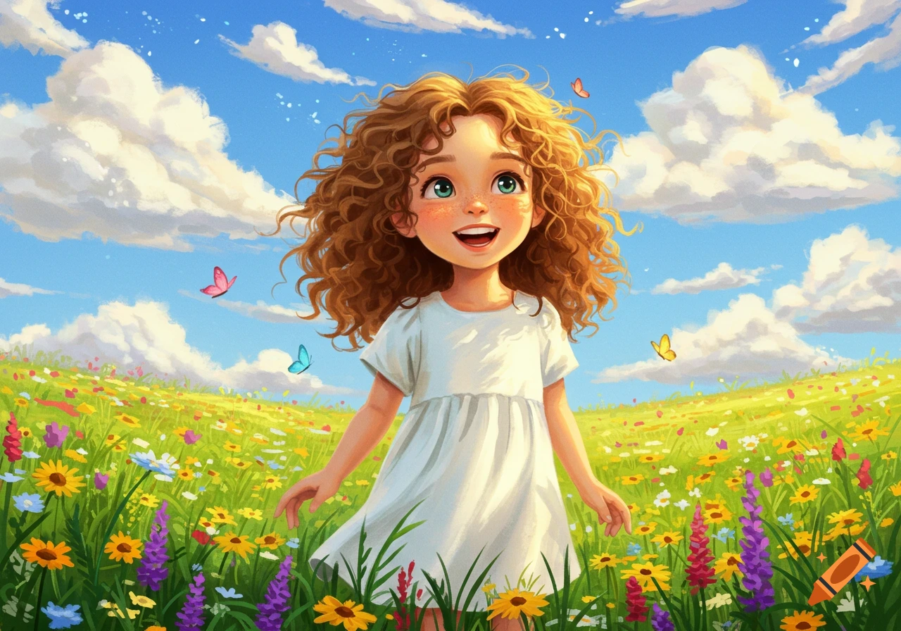 A vibrant illustration of a happy young girl with curly hair standing in a sunny field of colorful wildflowers with butterflies under a blue sky.