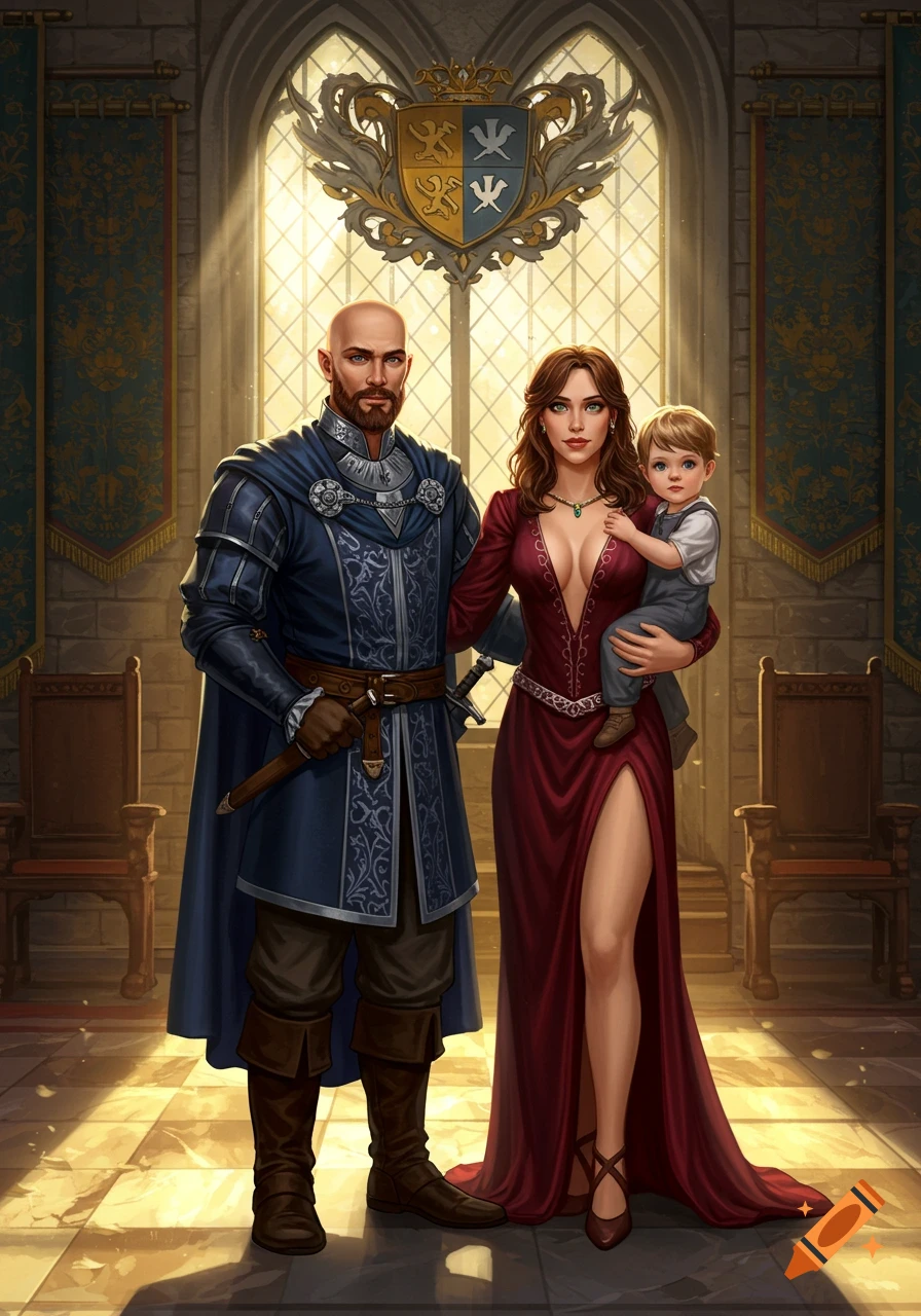 A fantasy family portrait featuring a bald man in blue armor, a woman in a red low-cut dress with a high slit holding a young boy, in a regal hall.