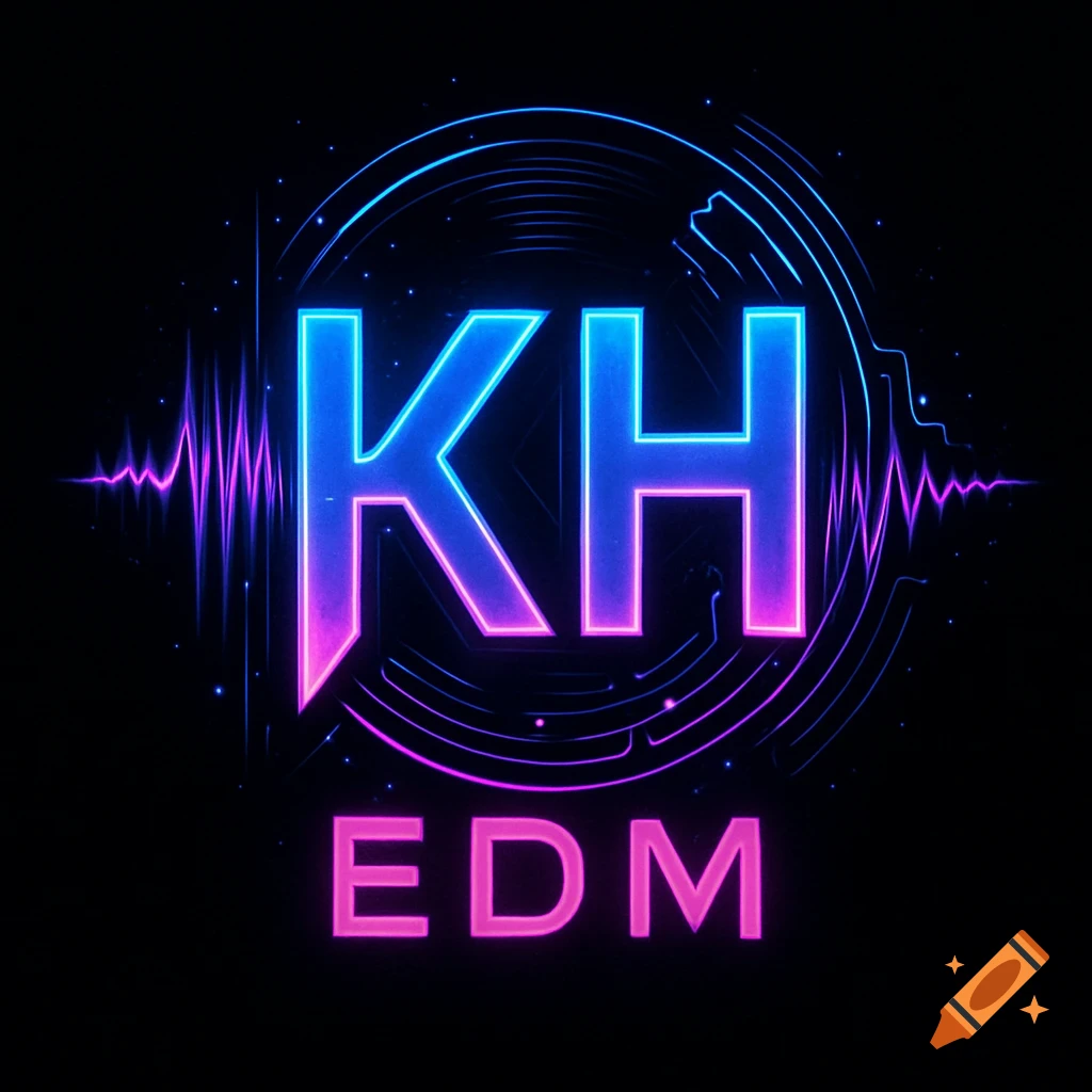 Neon blue and pink logo featuring the letters 'KH' above 'EDM', with abstract sound waves on a dark background.