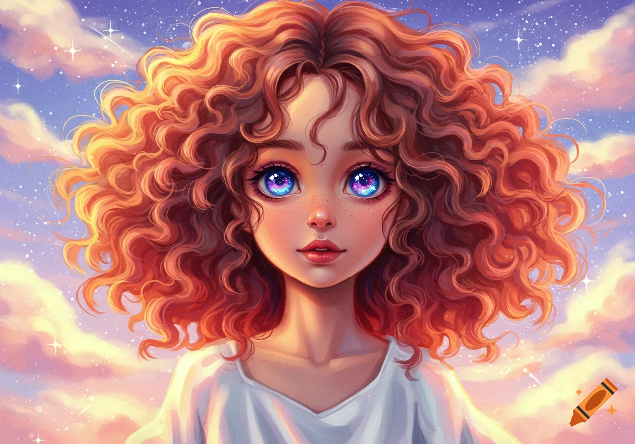 Close-up of an anime girl with curly reddish-brown hair, large blue and pink galaxy eyes, and freckles, against a starry pink and purple sky.