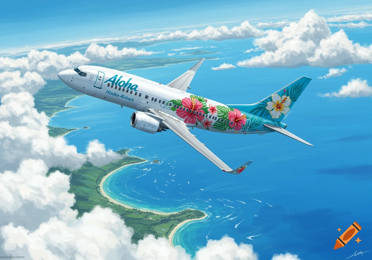 An illustration of a white passenger airplane with a teal tail and floral motifs flying over a tropical island with blue ocean and white clouds.