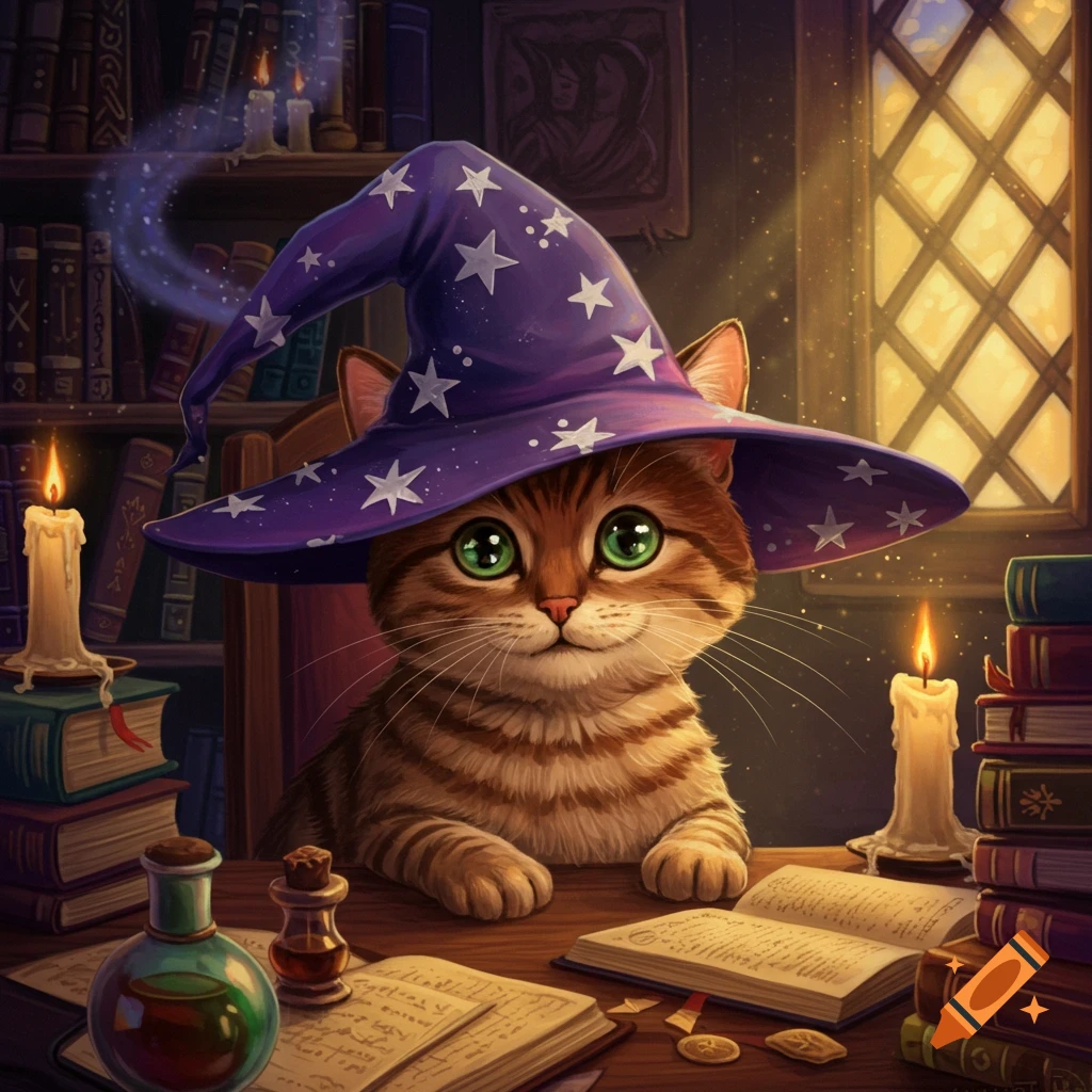 A cute brown tabby cat in a purple wizard hat sits at a desk with books, potions, and candles in a magical study.