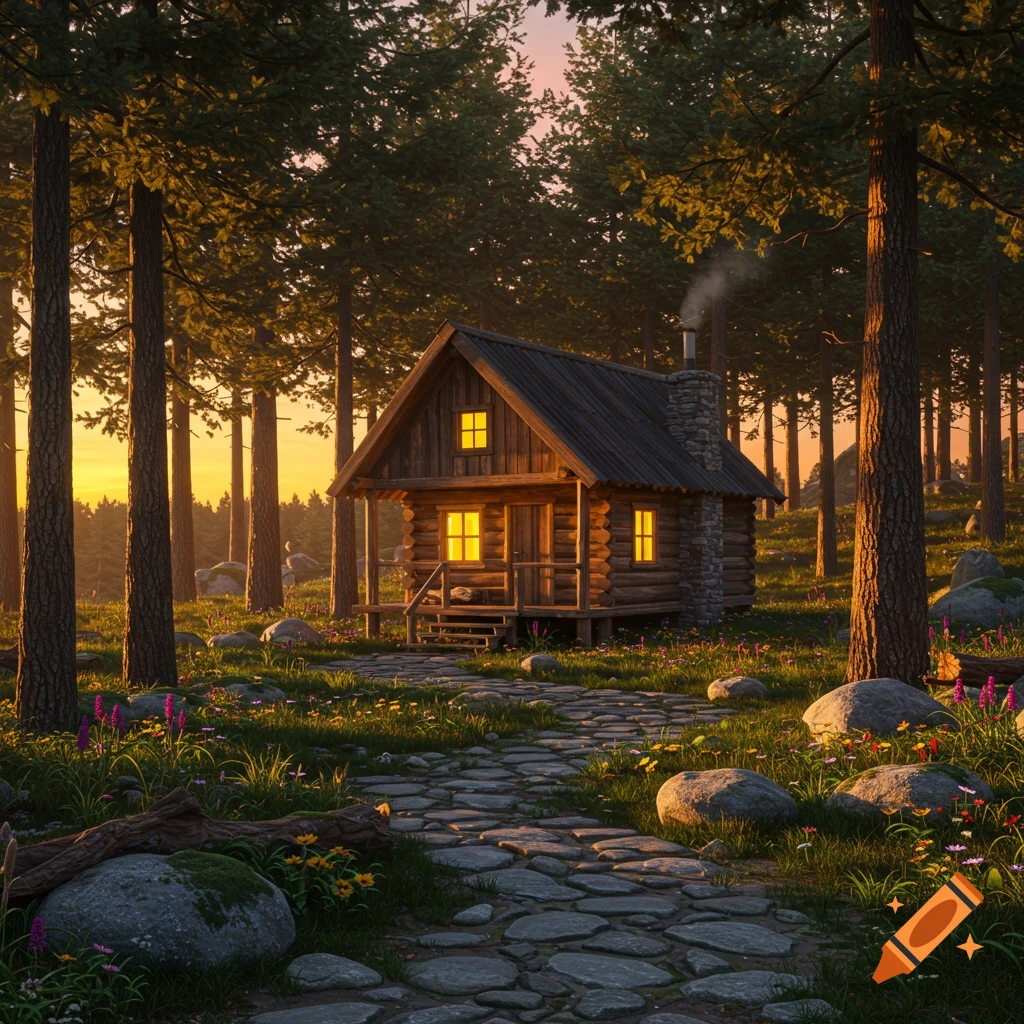 A cozy log cabin in a forest at sunset, with warm lights inside and a stone path leading to it.
