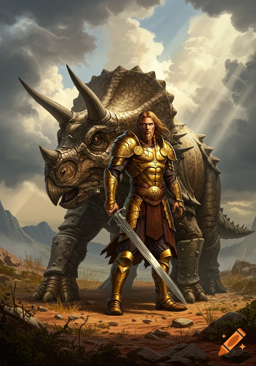 A man in golden armor holding a sword stands before an armored triceratops in a dramatic, mountainous landscape.