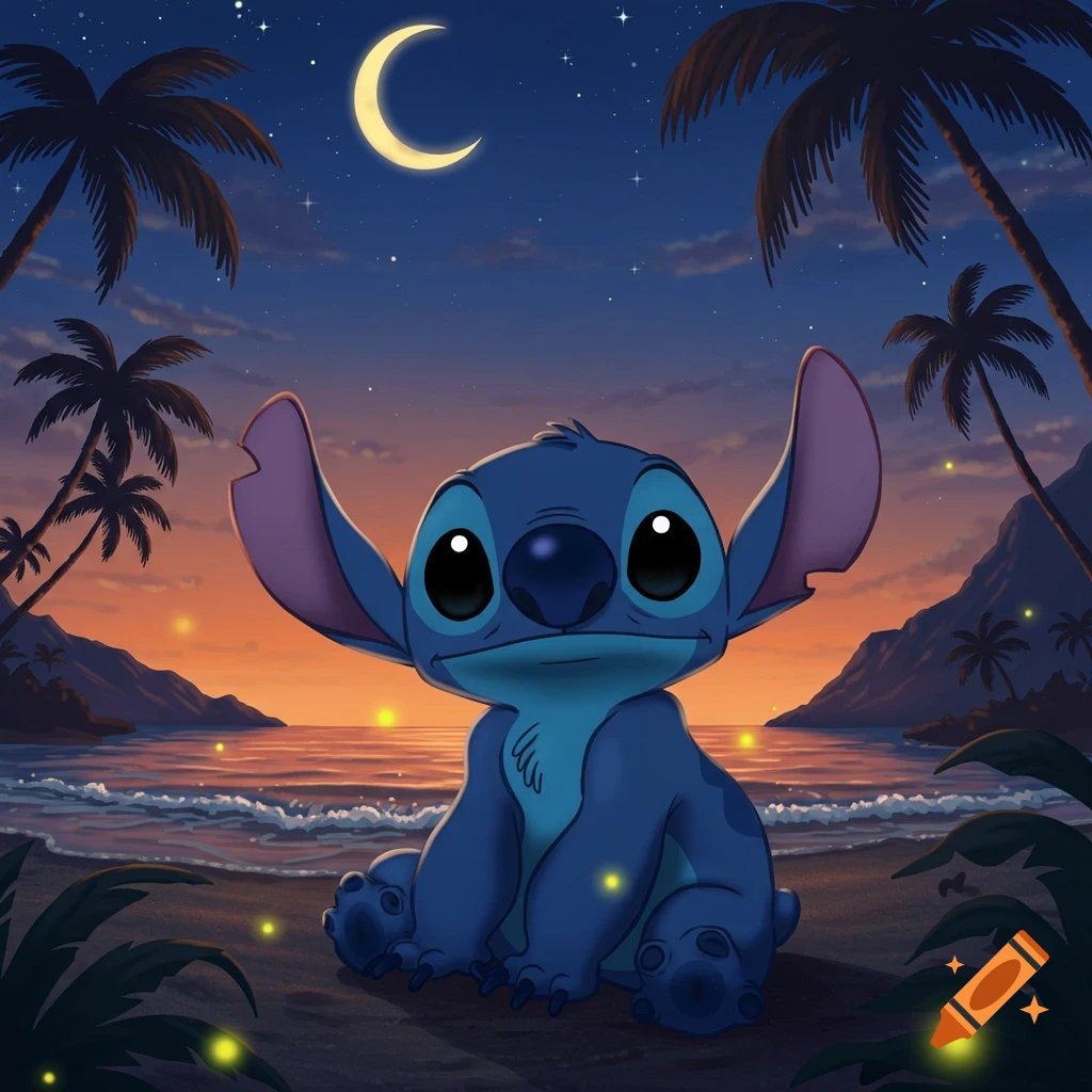 Stitch, the blue alien, sits on a tropical beach at night with palm trees, a crescent moon, and sparkling water.