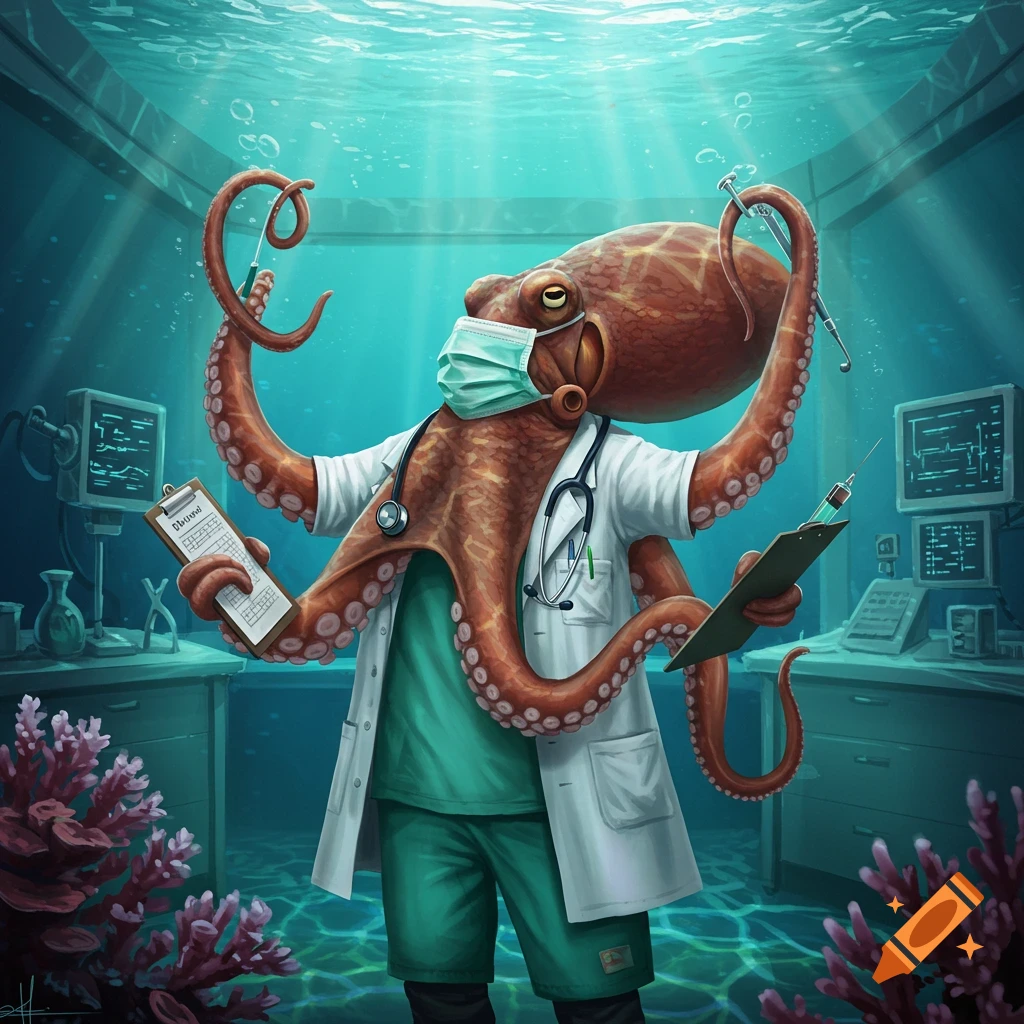 An illustrated octopus doctor wearing a surgical mask and scrubs stands underwater in an examination room, holding clipboards and syringes.