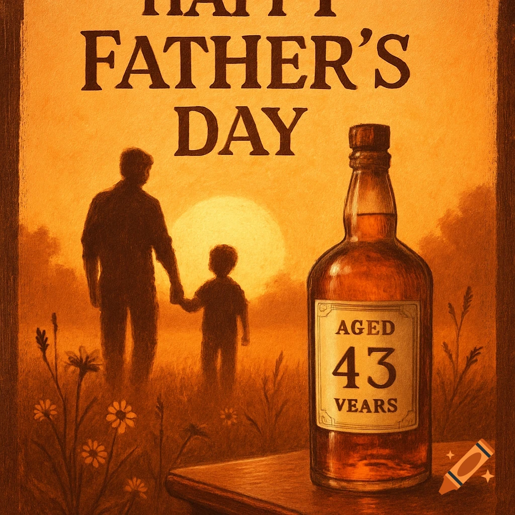 Oil painting for Father's Day, with father and son silhouettes at sunset, and a bottle of 'Aged 43 Years' whiskey.