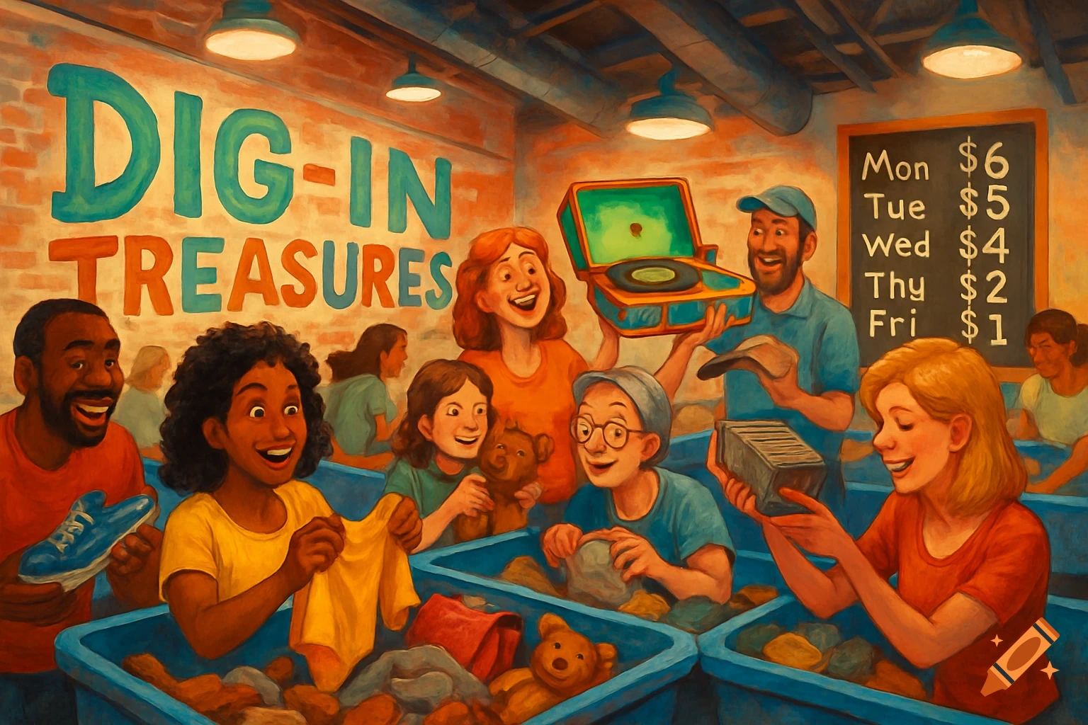 A colorful illustration of happy people looking through blue bins of items in a "Dig-In Treasures" store, with a chalkboard listing prices.