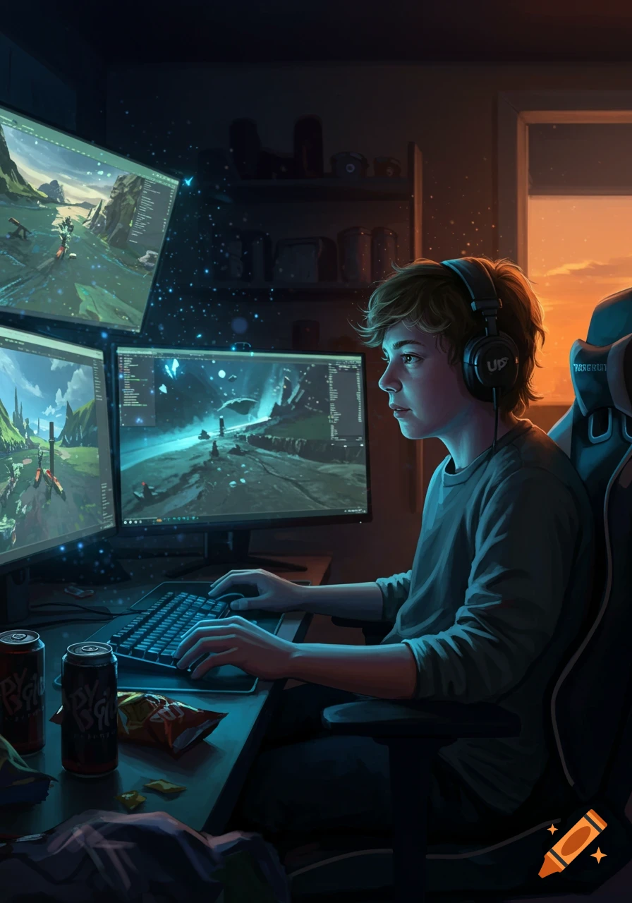 A young person with headphones plays video games on multiple monitors at a desk with energy drinks, bathed in blue light and sunset glow.