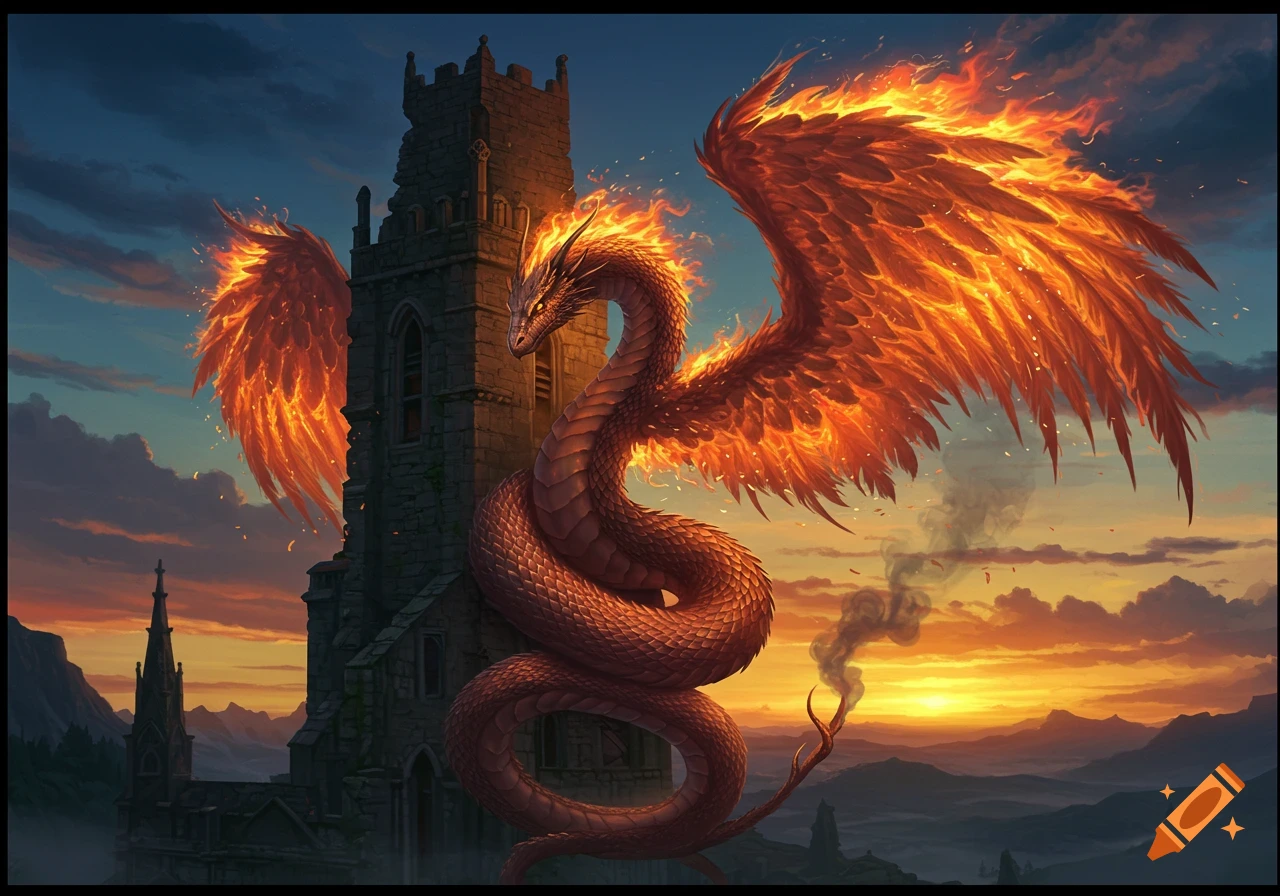 A large, fiery-winged serpent coiled around a gothic castle tower at sunset.