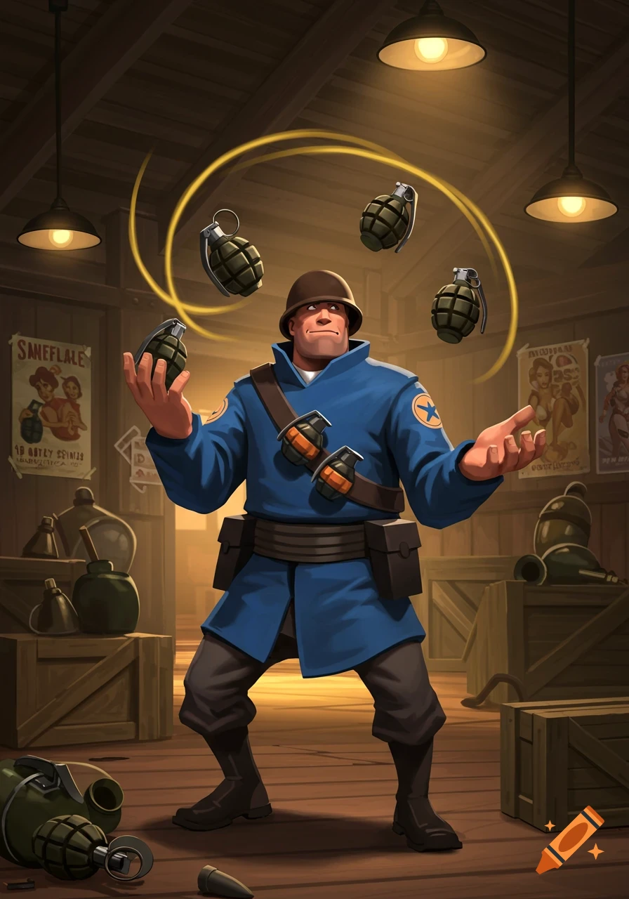 Cartoonish Team Fortress 2 Soldier juggling four active grenades in a dimly lit wooden room.