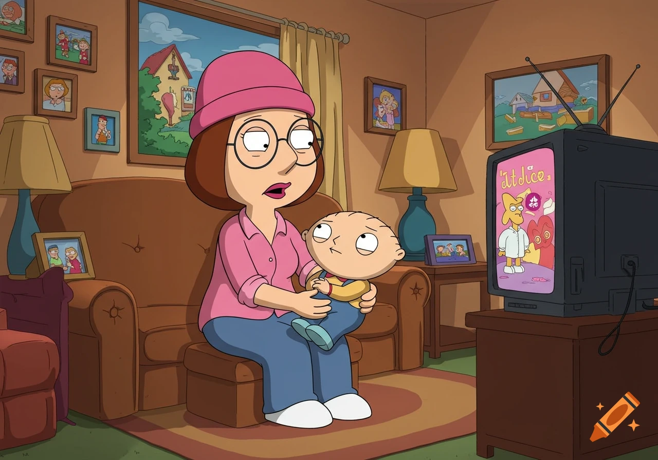 Meg Griffin holds Stewie while they watch a cartoon on TV in a living room, in the style of Family Guy animation.