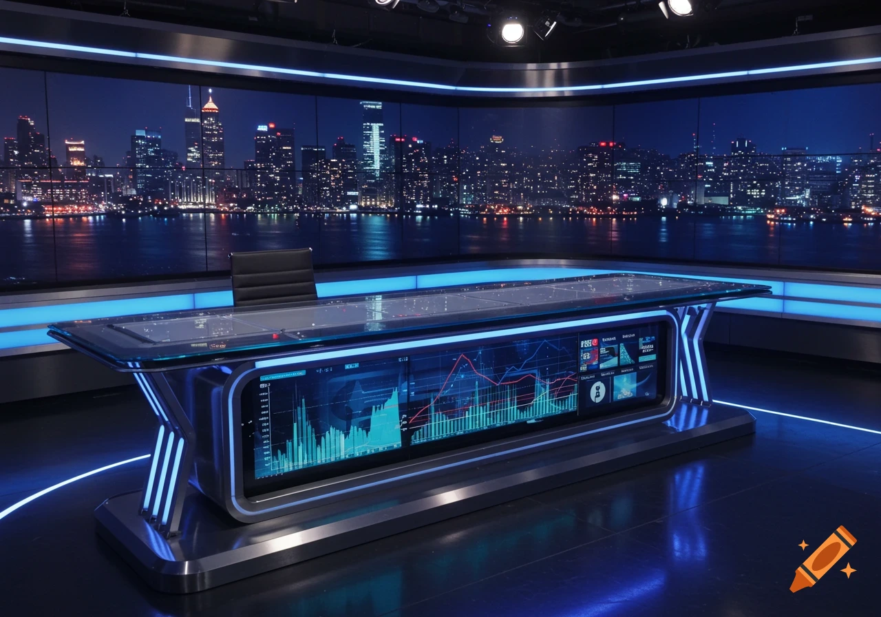 A modern news desk with glowing blue accents and large screens displaying data, set against a nighttime city skyline.