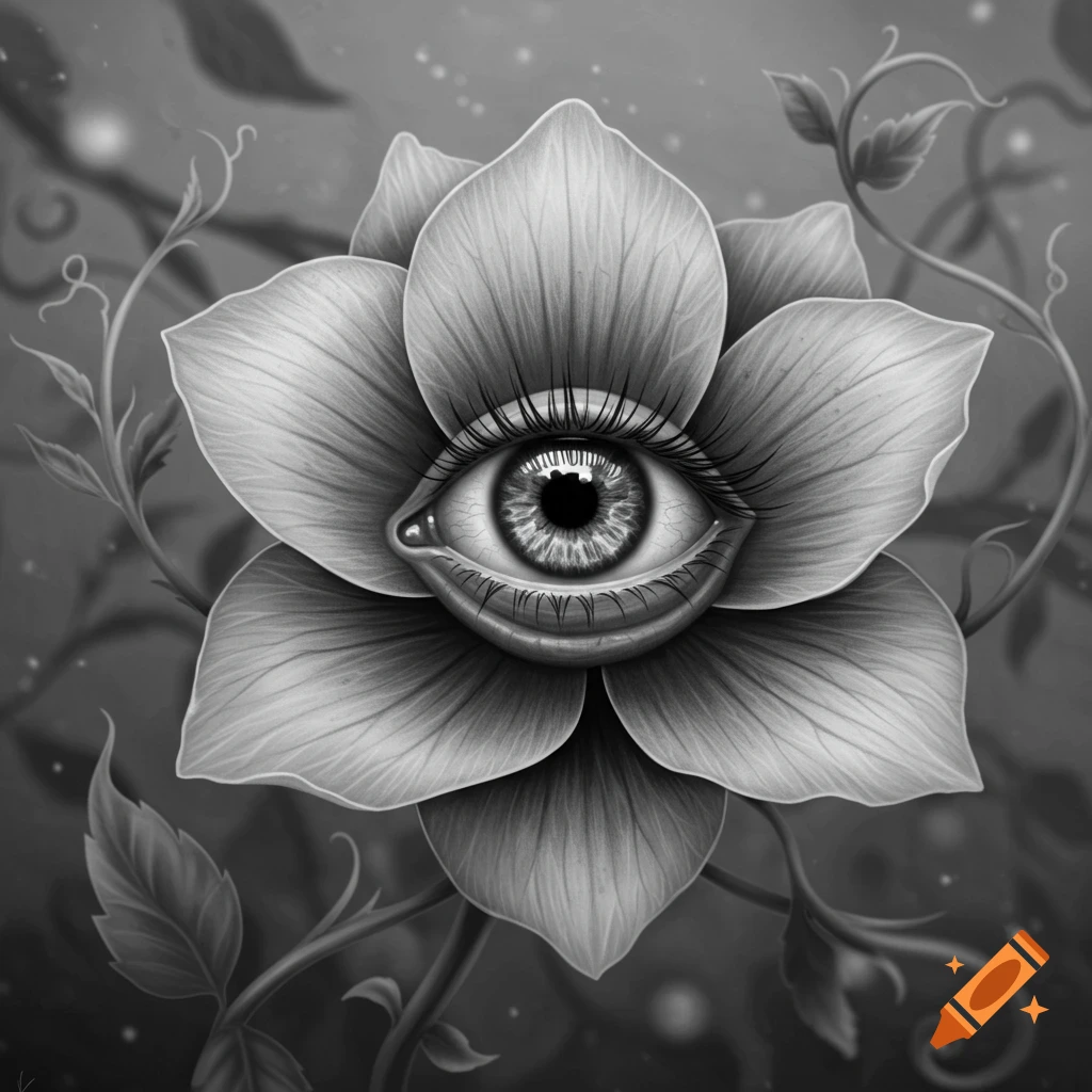 Black and white surreal illustration of an open eye at the center of a flower, with swirling vines.