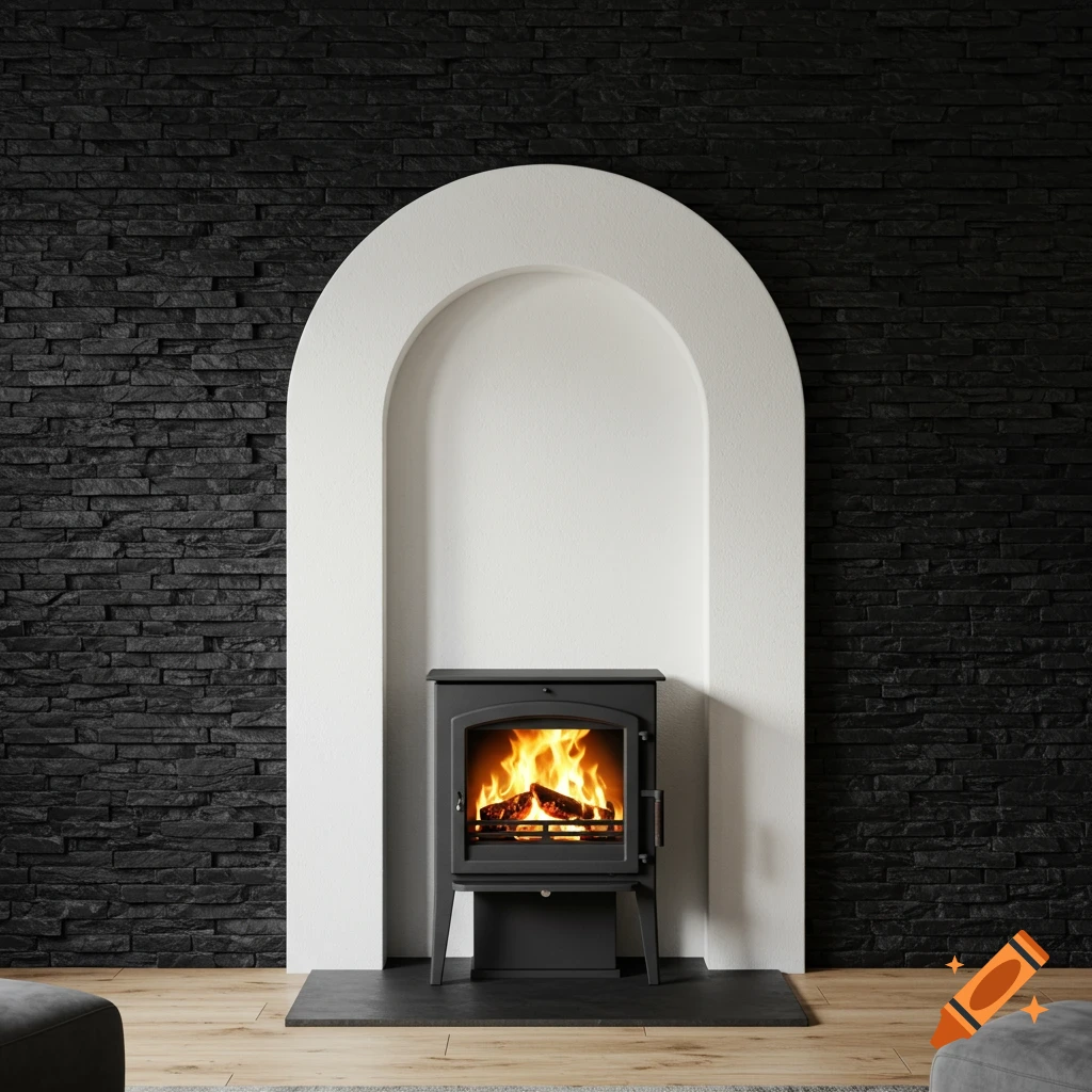 A black woodstove with a roaring fire in a white arched alcove against a black stacked stone wall.