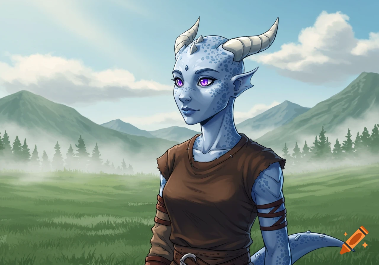 A blue-scaled female Dragonborn with purple eyes and horns, wearing simple brown clothing, stands in a misty green field with mountains in the background, in an anime style.