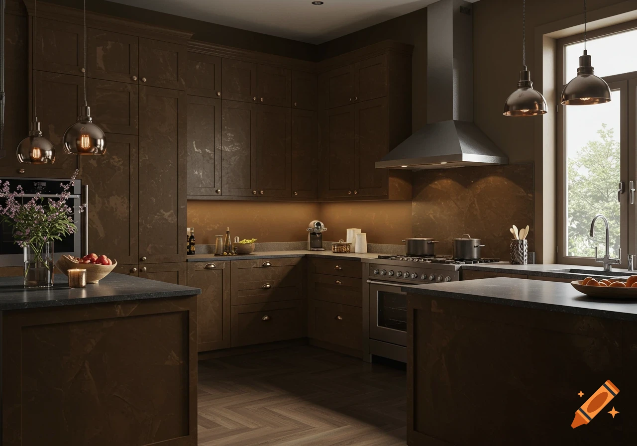 A modern kitchen with dark bronze cabinets, black countertops, and stainless steel appliances. It features two islands, pendant lights, and a window.