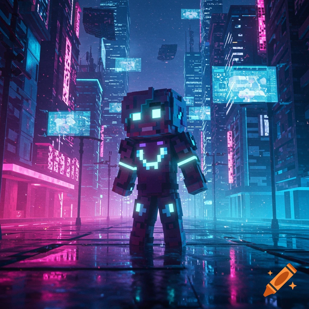 A blocky, glowing character resembling Minecraft's Enderman stands in a neon-lit cyberpunk city street with reflections on the wet ground.