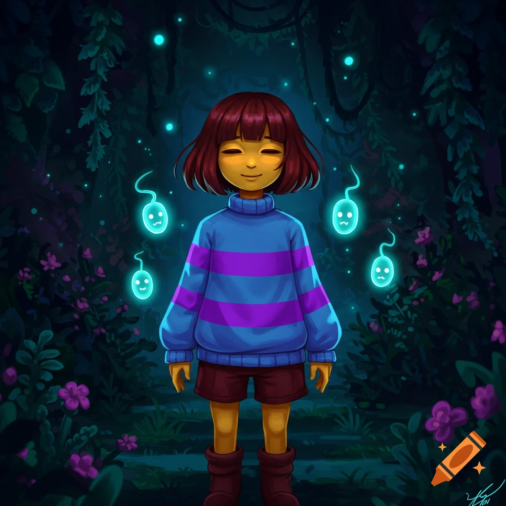 Anime-style Frisk from Undertale stands in a glowing dark forest surrounded by blue spirits.