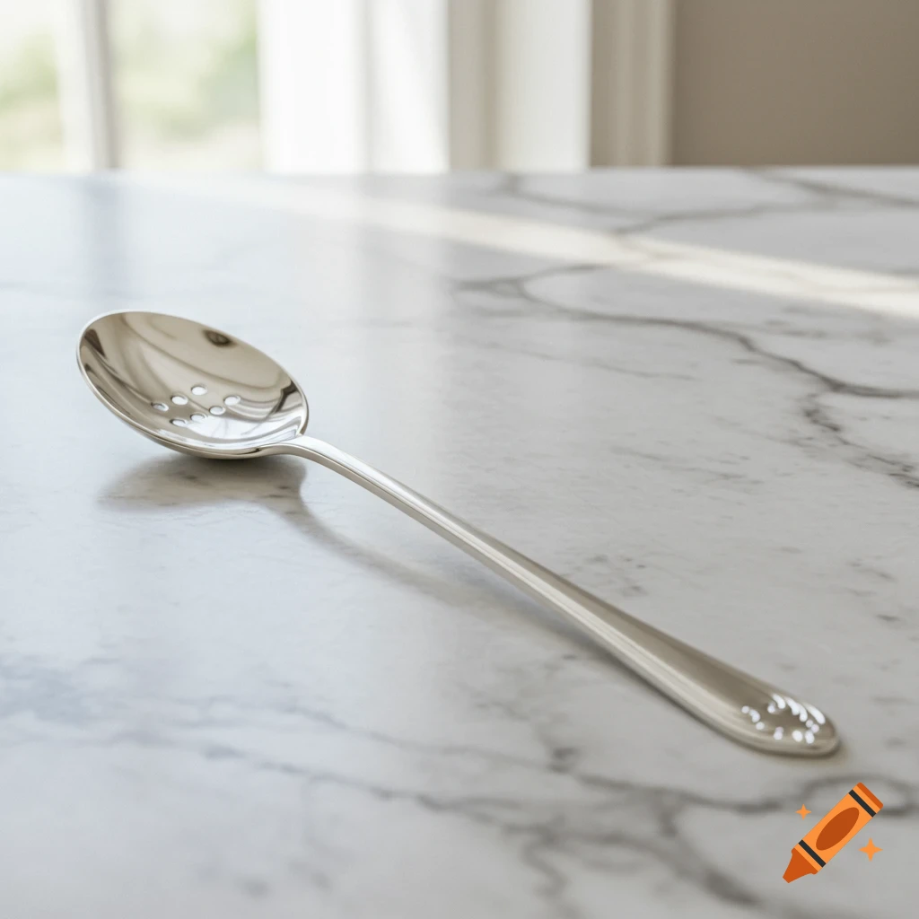 A silver slotted spoon rests on a white marble countertop in sunlight.