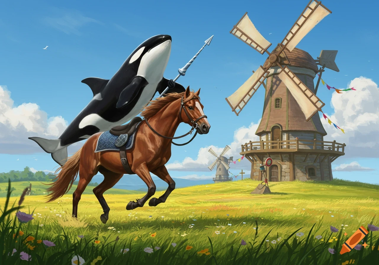 A killer whale rides a horse, holding a spear, charging a windmill in a sunny, grassy field under a blue sky.