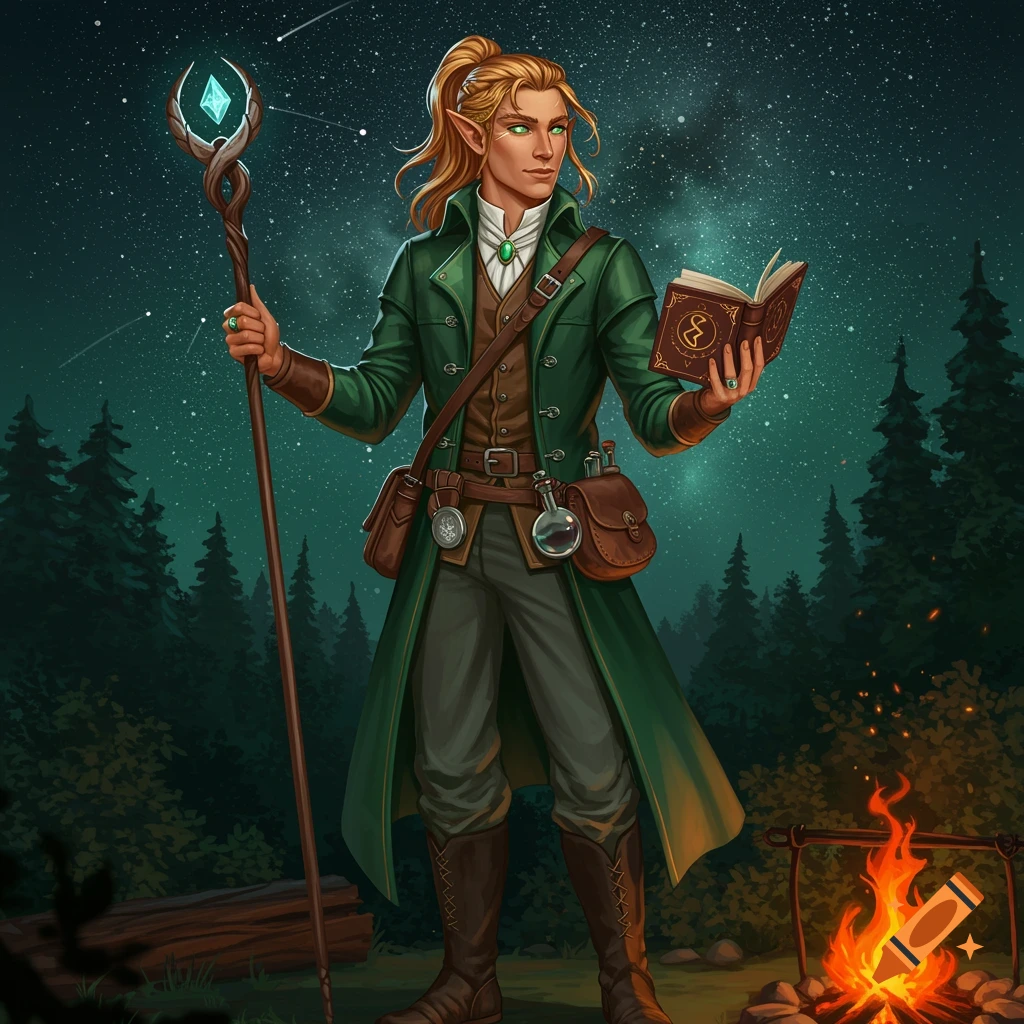 A handsome elf with green eyes and long blond hair tied in a ponytail, wearing a green coat, holds a glowing staff and an open spellbook under a starry night sky in a forest with a campfire.